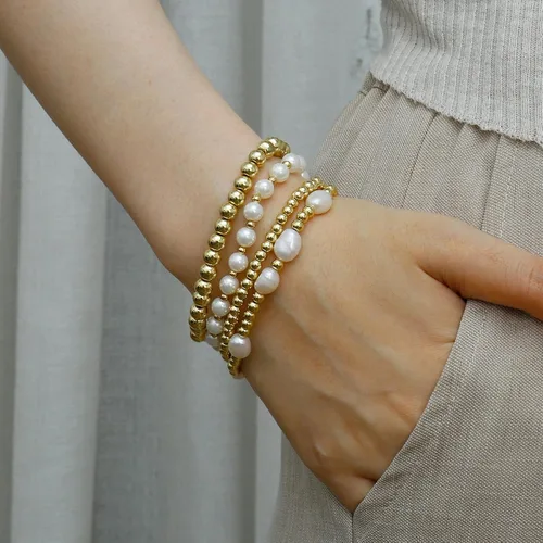 Vista 3 de Pulseras de cuentas de oro para mujer, perlas barrocas apilables, chapadas en oro de 14 quilates, pulsera de bolas elásticas para regalo de joyería