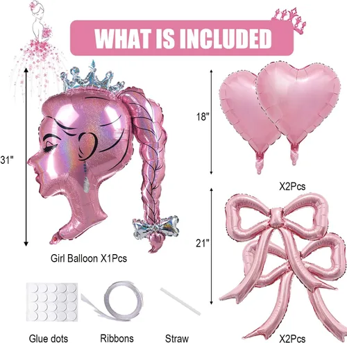Vista 2 de Juego de globos de aluminio rosa princesa, 5 globos de lazo rosa, lámina de muñeca de corona y globos de corazón para maquillaje, cumpleaños