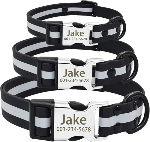 Vista 3 de Collar de perro personalizado impermeable y reflectante con placa de nombre, collar de perro de PVC fácil de limpiar con hebilla grabado nombre