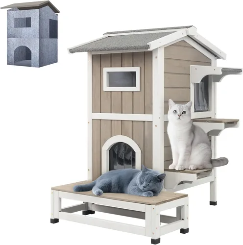 Vista 10 de PetsCosset Casa para gatos al aire libre resistente a la intemperie, refugio de gatos de dos pisos para exteriores, condominio interior para gatos
