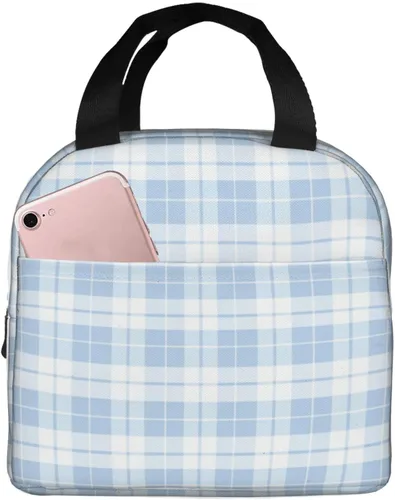 Vista 45 de Lonchera con diseño a cuadros azules aislada, bolsa térmica para almuerzo para adultos, niños, niñas, mujeres, oficina, trabajo, escuela, picnic