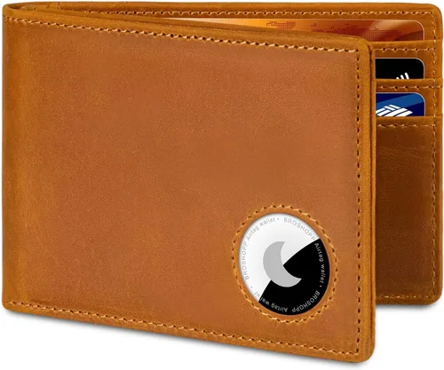 Vista 45 de Billetera AirTag para hombre, de piel auténtica plegable con bloqueo Rfid AirTag con ranuras para efectivo y ventana de identificación, compatible