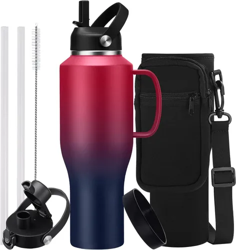 Vista 15 de Botella de agua de acero inoxidable de 32 onzas, frío-48 horas y caliente-24 horas, termo con popote y tapas de boquilla, bolsa, botella aislada al