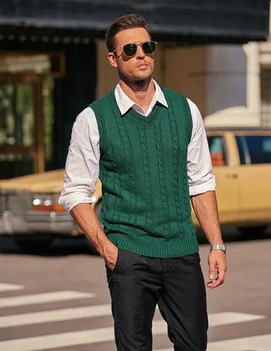 Vista 4 de COOFANDY Suéter para hombre, cuello en V, ajustado, casual, sin mangas, tejido trenzado