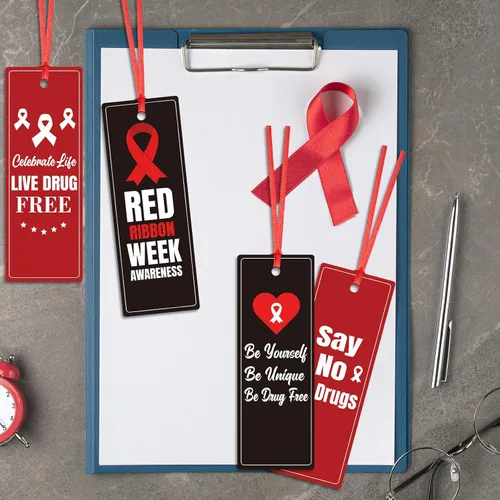 Vista 6 de Qilery 120 marcapáginas de cinta roja sin drogas de la semana de cinta roja, marcadores de concientización de la semana de la semana de la cinta