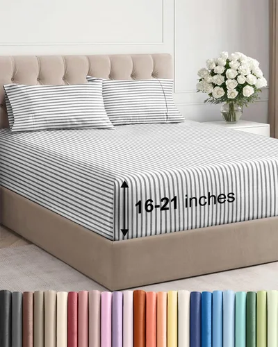 Vista 14 de Juego de sábanas tamaño Queen con bolsillos extra profundos, sábanas transpirables y refrescantes de 4 piezas, ropa de cama de lujo para hotel