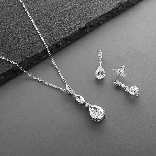 Vista 5 de Mariell Juego de aretes de collar de boda nupcial, colgante de circonita cúbica dorada y aretes colgantes para novias, damas de honor, Metal Gema