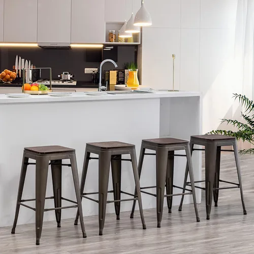 Vista 10 de Juego de 4 taburetes de bar de metal sin espalda de 24 pulgadas, apilables, industriales, para taburetes de isla de cocina, con asiento de madera