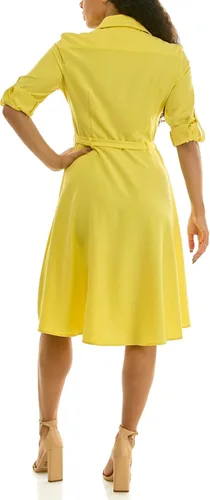 Vista 4 de Sharagano Vestido camisero plisado para mujer, manga 3/4, cuello en V, botones dorados Acacia