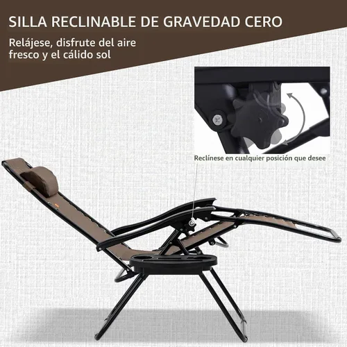 Vista 3 de Outsunny Juego de sillas Zero Gravity con mesa auxiliar, portavasos, marrón