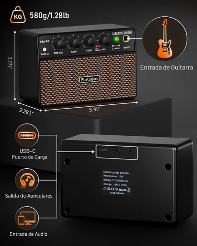Vista 9 de Flatsons FBA-10 Amplificador de Guitarra, Amplificador Eléctrico Mini de 10W con Canal Limpio/Drive, 6H de Funcionamiento, Recargable por USB-C