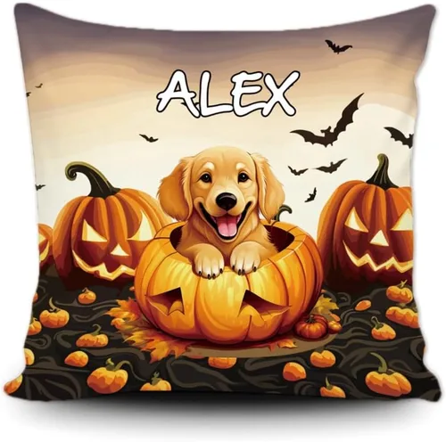 Vista 19 de Funda de almohada personalizada de Halloween, diseño de calabaza, lindo cachorro, funda decorativa de lona para sofá, 16 x 16 pulgadas, estampado