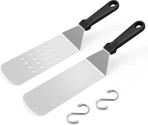 Vista 10 de HaSteeL Espátula de plancha de metal, acero inoxidable larga con mango remachado, girador de hamburguesas perforado resistente y sólido para cocinar