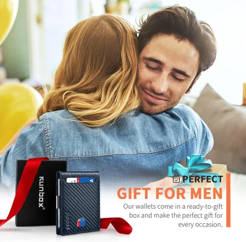 Vista 21 de RUNBOX - Carteras delgadas para hombre, cartera de piel con pinza para el dinero, cartera de bolsillo frontal con bloqueo RFID, tarjetero