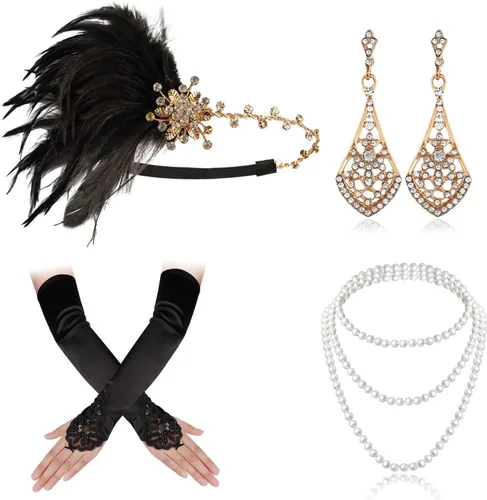 Vista 7 de Cizoe (aa) - Juego de accesorios de estilo Gatsby de la década de 1920, para mujer, diadema de estilo flapper, tocado, collar, guantes