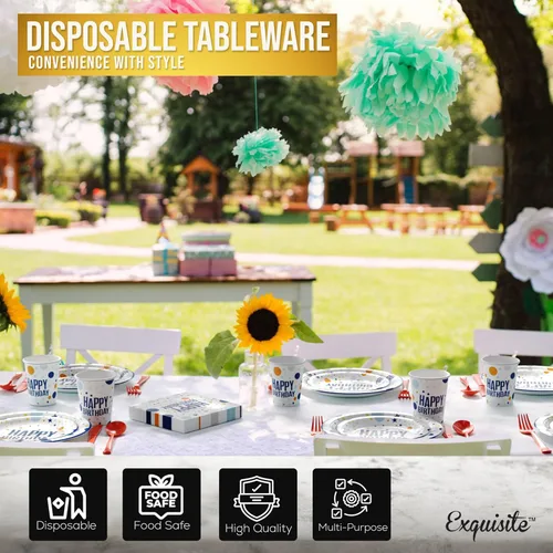 Vista 4 de Exquisite 350 Piezas Platos de Plástico de Cumpleaños Azules Para Fiestas, Juego de Platos Desechables de Cumpleaños Azules, 50 de Cada Juego