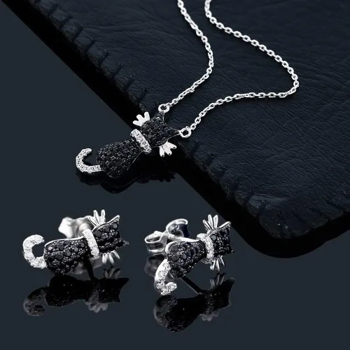 Vista 4 de Gem Stone King Juego de colgante y aretes de plata de ley 925 con circonita negra de gato con cadena de plata de 18 pulgadas, Metal, Circonita cúbica