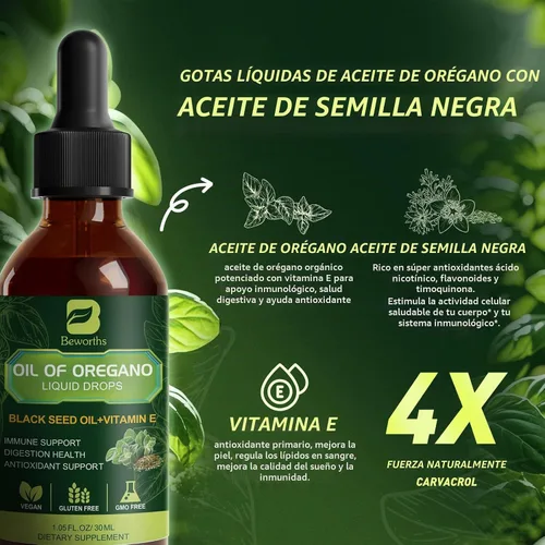 Vista 2 de B BEWOTHS Aceite orgánico de orégano en gotas con aceite de semilla negra