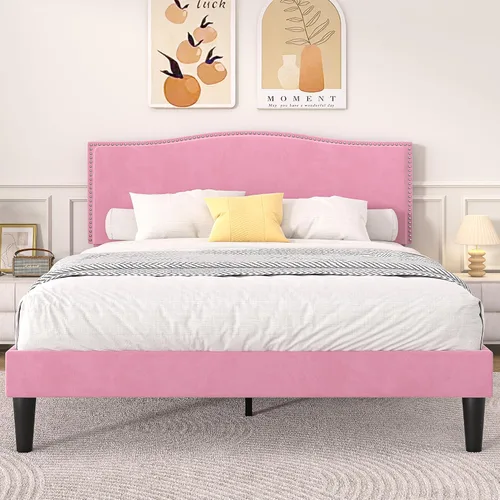 Vista 15 de VECELO Base de cama tamaño Queen, base de cama de plataforma con cabecera tapizada de altura ajustable, marcos resistentes y fuerte soporte