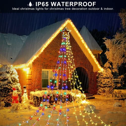 Vista 8 de DANLI Guirnalda de luces de estrella para decoración de Navidad al aire libre, 320 luces LED de 16.4 pies, luces de árbol de cascada con estrella