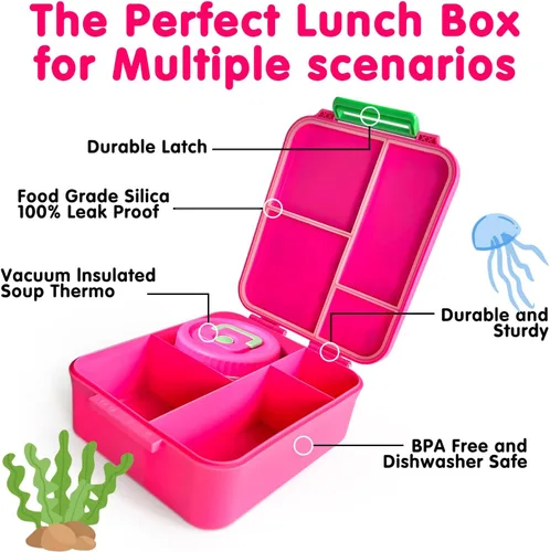 Vista 4 de Kidz Bento - Lonchera con termo de sopa, 4 compartimentos, a prueba de fugas, tarro de comida aislado para viajes, picnic