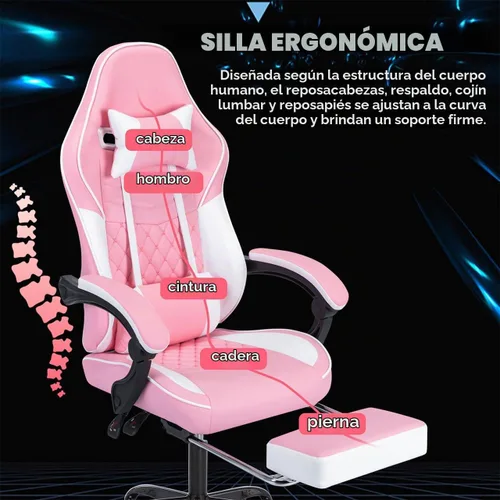 Vista 4 de Silla de escritorio para juegos para adultos, silla ergonómica para juegos Rosa + blanco