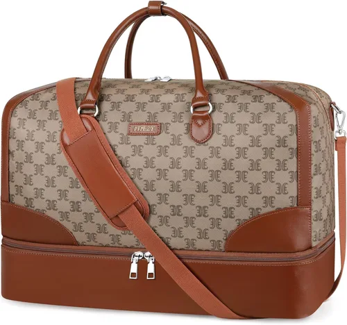 Vista 46 de Bolsa de fin de semana para mujer, bolsa de viaje de nailon, con compartimento para zapatos, tamaño grande 1-beige