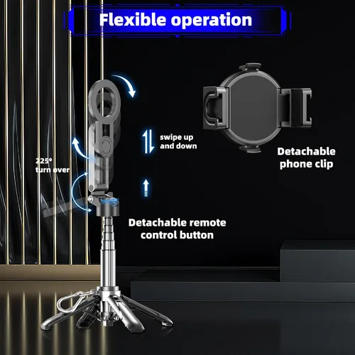 Vista 6 de Soporte de trípode Magsafe para iPhone, portátil de tamaño de bolsillo para selfie con control remoto recargable y anillo de metal, trípode