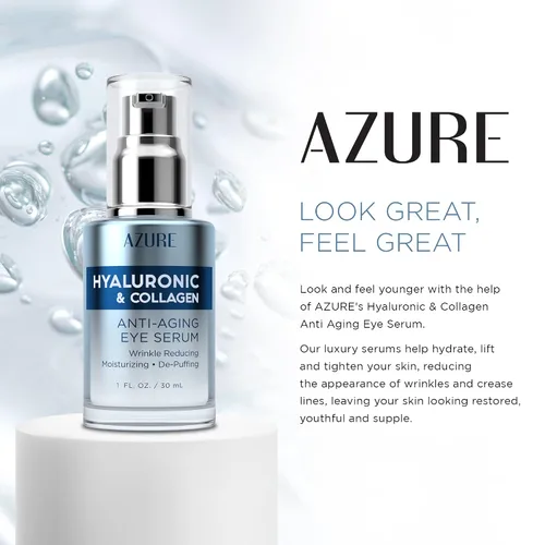 Vista 3 de AZURE Suero hialurónico y colágeno antienvejecimiento para ojos, hidratante, reabastecedor y deshinchado, reduce arrugas, líneas finas y bolsas