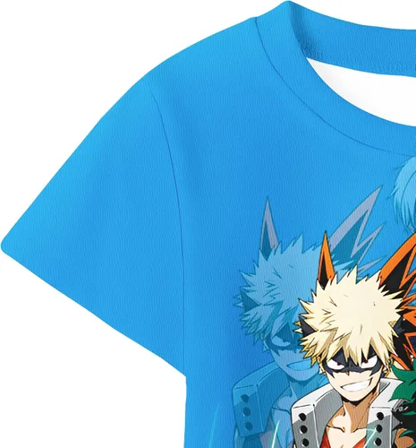 Vista 4 de Camiseta de héroe para niños, traje para niños, póster de personaje de anime, manga corta, pantalones cortos de 8 a 12 años