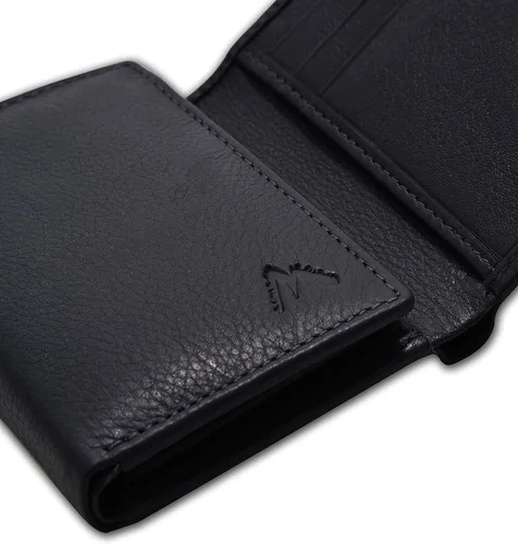 Vista 7 de Cartera de cuero RFID hecha a mano para hombres, elegante cartera de bolsillo frontal triple con 2 ranuras para identificación y 9 tarjetas, Azul
