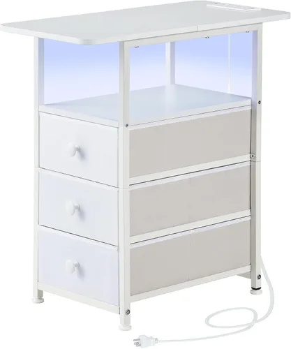 Vista 8 de DALEMHOME Mesa auxiliar estrecha con estación de carga, mesa auxiliar estrecha con cajón, mesita de noche pequeña con luz LED, mesita de noche Negro