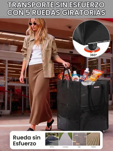 Vista 3 de WORKPRO Bolsa de comestibles mediana con ruedas, bolsa de compras de 18 galones con 4 ruedas