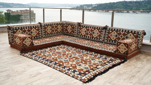 Vista 3 de arabicsofa Cojines de suelo marroquíes marrones en forma de L – Juego de asientos modulares de sofá seccional de esquina con fundas lavables
