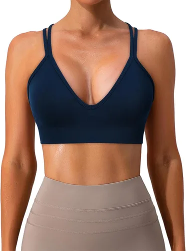 Vista 2 de Brasier deportivo para mujer, con cuello en V, tirantes cruzados, brasier de yoga acolchado, soporte medio, entrenamiento, gimnasio, atlético