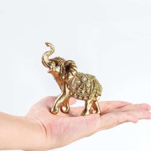 Vista 9 de 2 figuras de elefante dorado de 3.9 pulgadas, decoración de mesa de Feng Shui, regalo Golden glossy finish,stable base,inlaid crystal,compact