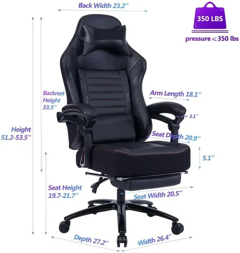 Vista 2 de Silla ergonómica para juegos con soporte lumbar de masaje y reposapiés retráctil, respaldo alto, estilo carreras, silla de computadora de oficina