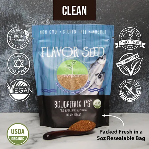 Vista 4 de Condimento orgánico de ennegrecimiento suave – Boudreaux T's by Flavor Seed, condimento cajún ennegrecido sin gluten para carne y mariscos, especias
