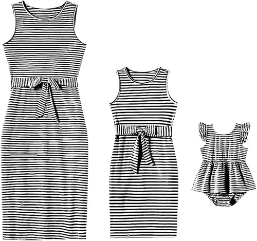 Vista 5 de IFFEI Mommy and Me - Vestidos de verano para mujer, sin mangas, a rayas, vestido casual con lazo en la cintura, mini vestidos familiares a juego