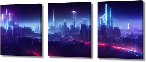 Vista 32 de Cuadros de 3 paneles de Cyberpunk City - Arte de pared de vallas publicitarias de edificios modernos en la capital con obras de arte modernas