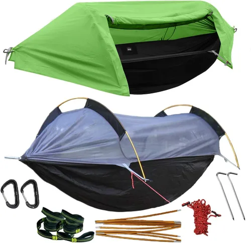 Vista 11 de WintMing - Hamaca con mosquitera y cubierta para moscas de lluvia, 3 en 1, hamaca de campamento, 440 libras de carga