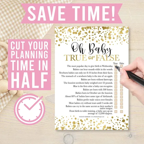 Vista 7 de Hadley Designs Juegos de baby shower para 25 invitados – Juego de baby shower de puntos dorados para baby shower, verdadero o falso, juego de baby