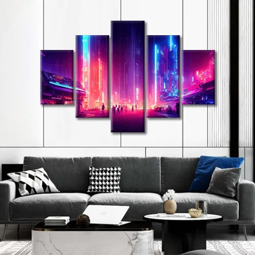 Vista 257 de Cuadros de 5 paneles de Cyberpunk City, arte de pared, representación de vallas publicitarias, edificios modernos en la capital con obras de arte