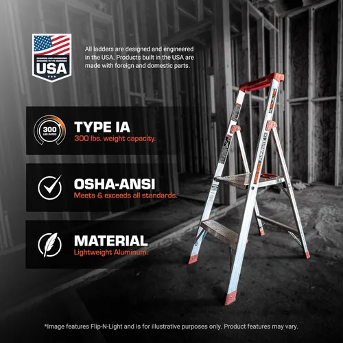 Vista 7 de 300 Libras deber calificación plataforma escalera Flip-N-Lite, 15273-001 Ultra Lightweight Ladder, Easy Release Handle, Wide Anti Slip Steps, Home