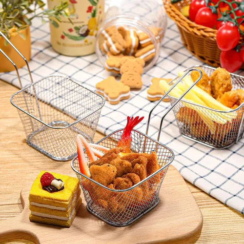 Vista 3 de Maxdot 60 unidades, mini cesta cuadrada para papas fritas con asa cromada, soporte para papas fritas, cesta de presentación de alimentos