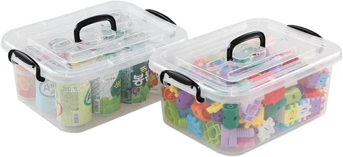 Vista 9 de Quickquick - Caja de plástico de 8 L con asa, contenedores de almacenamiento transparentes, paquete de 2 Bolsa de contenedores apilable con tapa