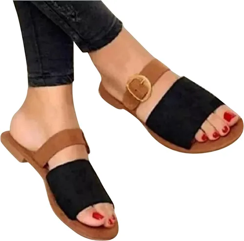 Vista 3 de Sandalias para las mujeres Casual verano, 2021 Open Toe Pisos Slip On Slide Sandalias Zapatos Correa Sandalias Metal Hebilla Zapatos