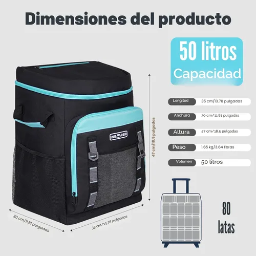 Vista 3 de INSMEER Cooler with Wheels and Handle, 80 Cans/50L Rolling Cooler, Portable Soft Sided Cooler with Wheel, 2-in-1 Collapsible Trolley Cart, Large