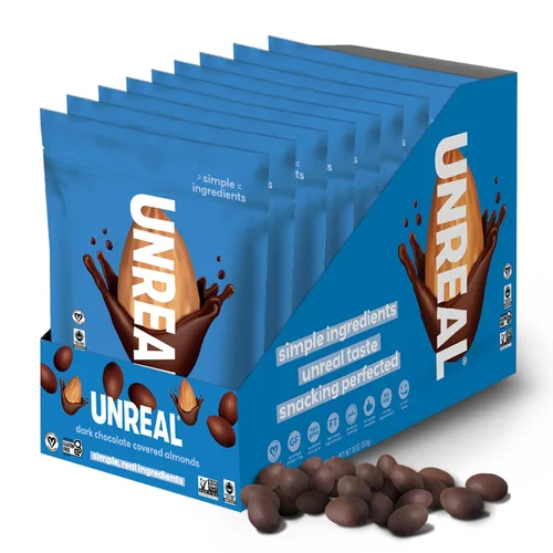 Vista 7 de UNREAL Almendras de chocolate negro - Certificado vegano, sin gluten, comercio justo, sin OMG, sin alcoholes de azúcar o soja (3 bolsas)