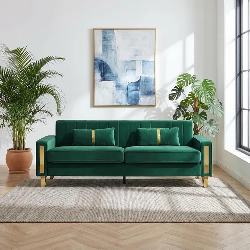 Vista 11 de Juego de sofá de 85 pulgadas, sofá de terciopelo con 2 almohadas y patas doradas, marco resistente de 750 libras, sofá moderno para dormitorio Negro